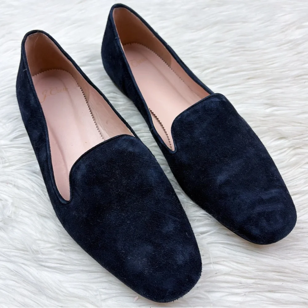 J. Crew Suede Smoking Slippers Pacific Navy Blue Leather Loafer Womens Size 9.5